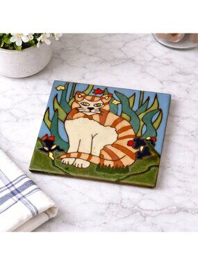 Hand-Painted Triton Tile With Orange Tabby Cat & Floral Design 6” Square Decorat
